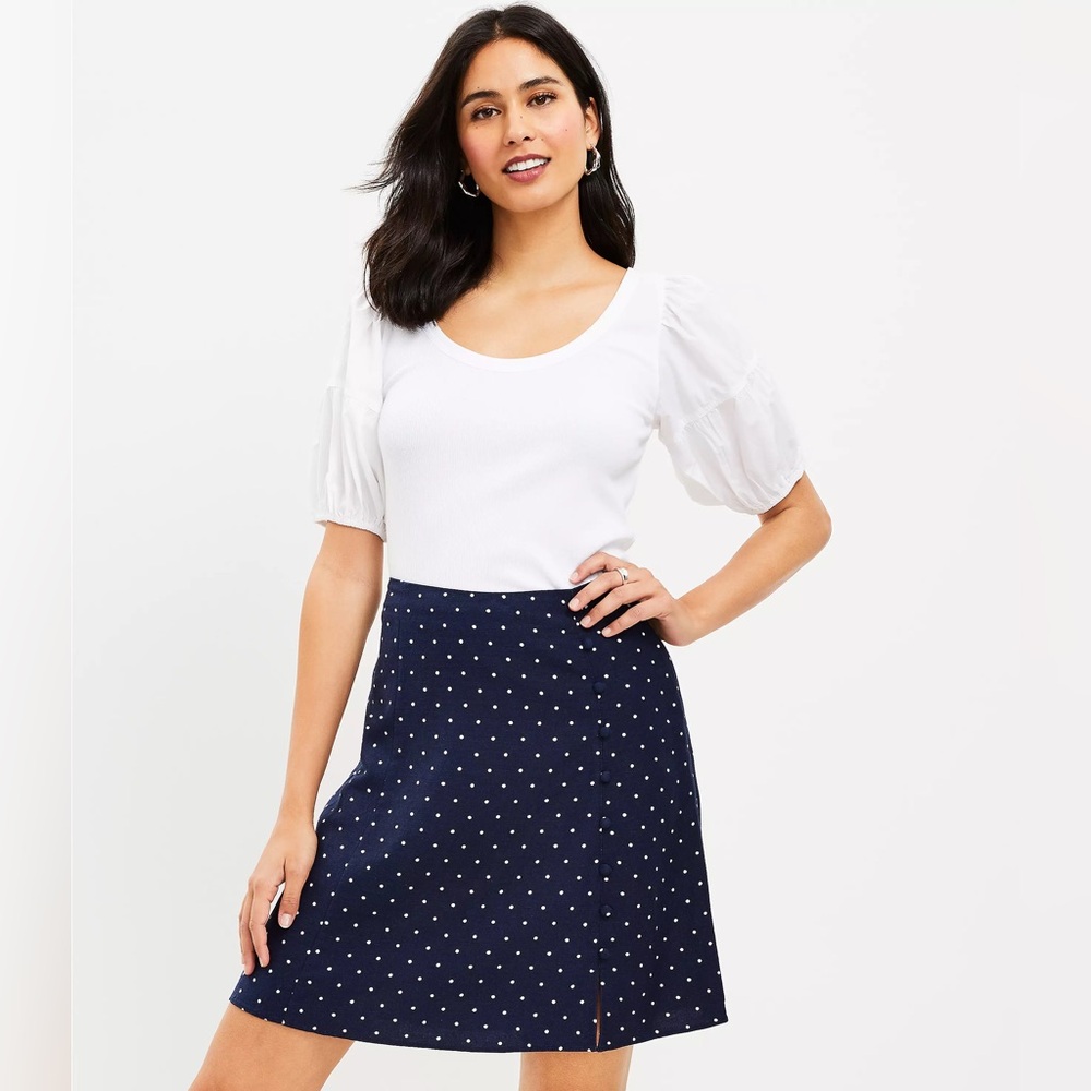 NWT Ann Taylor LOFT Dotted Button Trim Linen Blend Skirt Navy Size 4